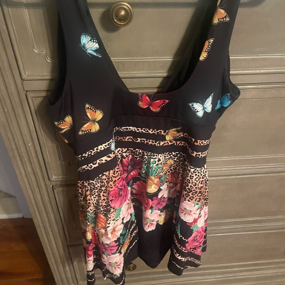 Johnny Was Black swim Dress with Blue and Red Accents - Picture 2 of 3